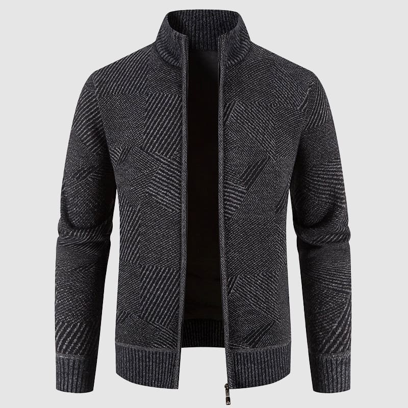 Men's dark gray geometric knit zip cardigan with mock neck, perfect for smart casual autumn & winter fashion.
