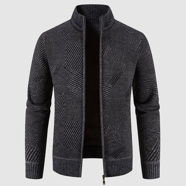 Men's dark gray geometric knit zip cardigan with mock neck, perfect for smart casual autumn & winter fashion.