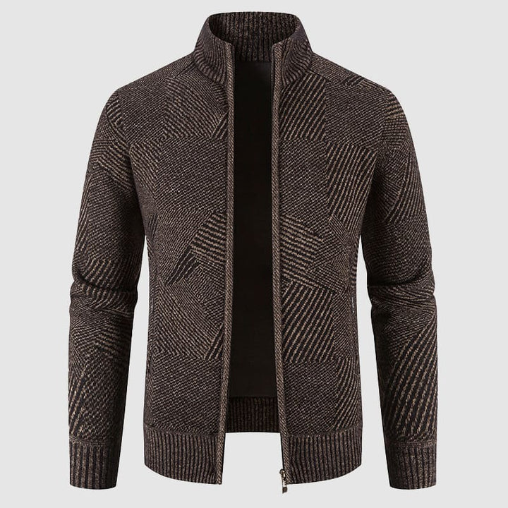 Sophisticated men's brown geometric knit zip cardigan, a versatile layering piece for smart casual men's fashion.
