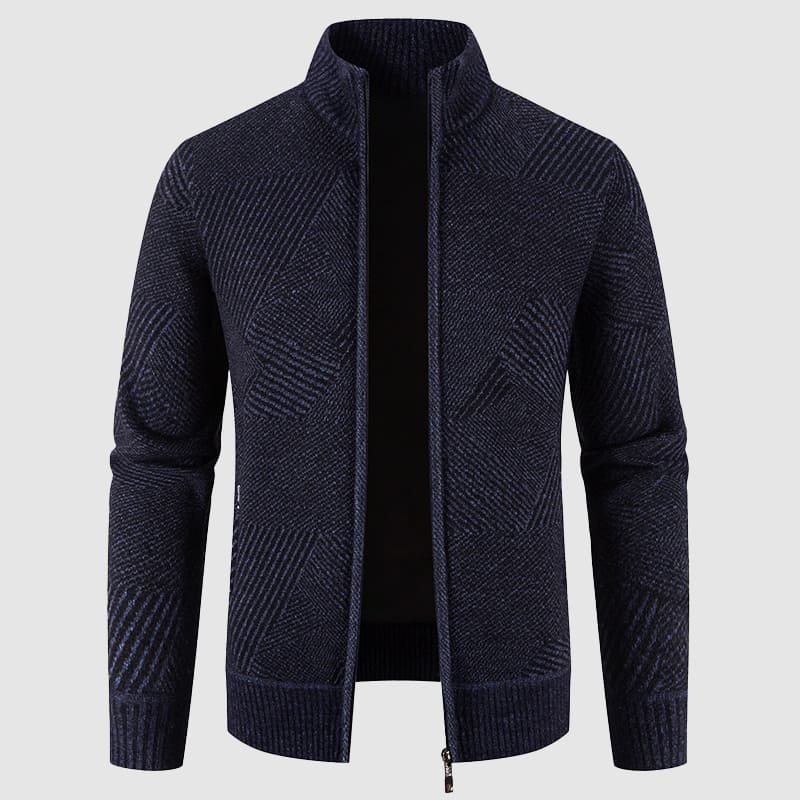 Stylish men's dark blue mock neck zip cardigan with geometric knit pattern, ideal for smart casual layering.