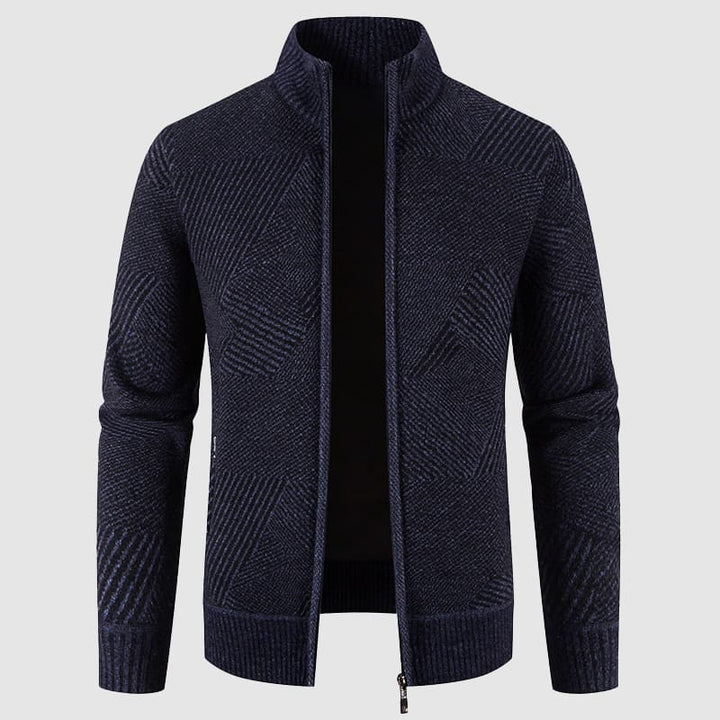 Stylish men's dark blue mock neck zip cardigan with geometric knit pattern, ideal for smart casual layering.