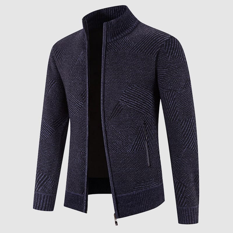 Comfortable men's geometric knit zip cardigan for autumn & winter. Smart casual mock neck sweater in dark tones.