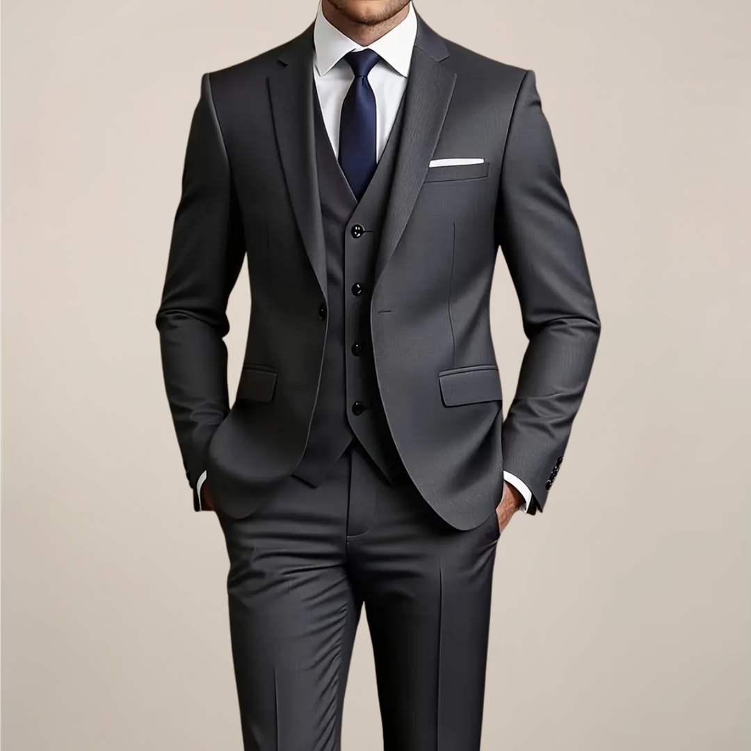 Men's dark grey slim fit three-piece suit. Ideal formal wear for weddings, business events & special occasions.