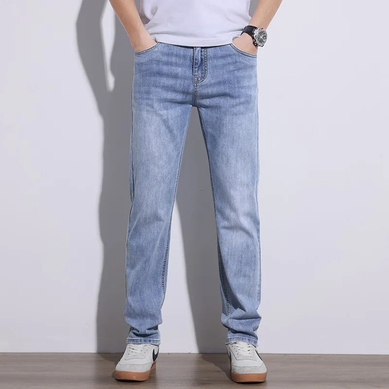 Dark blue men's casual stretch denim jeans, perfect for everyday fashion and comfort.