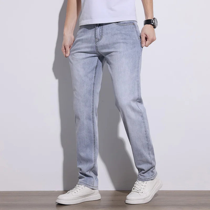 Men's stretch denim jeans in a versatile wash, ideal for comfortable everyday wear.