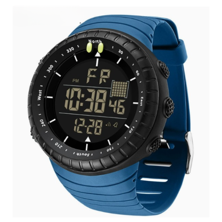 High-performance athletic watch for men, with digital display, waterproof, and shock resistance.