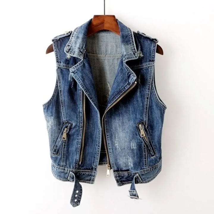 Men's distressed blue denim vest with asymmetric zip, moto style, perfect for biker fashion.