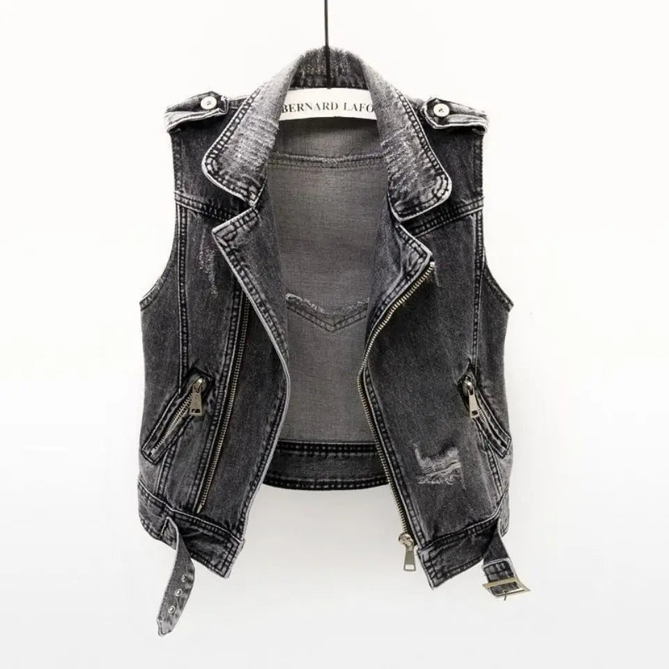 Asymmetric zip men's moto vest in distressed blue denim, offering a unique biker and rugged fashion statement.