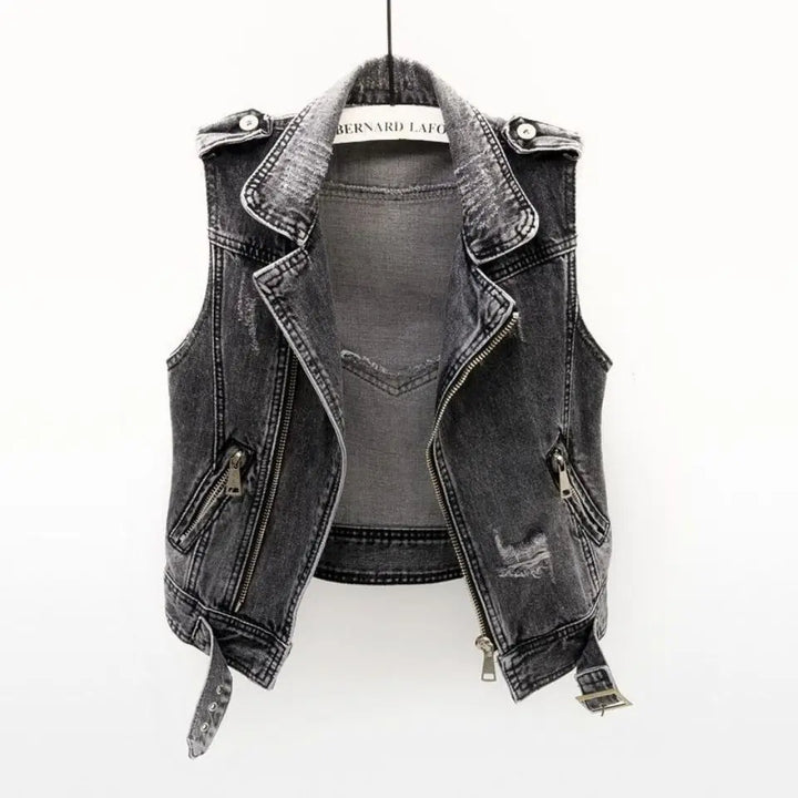 Asymmetric zip men's moto vest in distressed blue denim, offering a unique biker and rugged fashion statement.