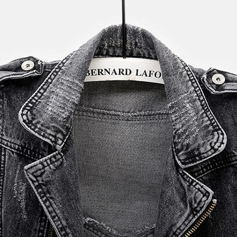 Men's distressed blue denim moto vest, a sleeveless jacket with an asymmetric zip, perfect for rugged biker style.