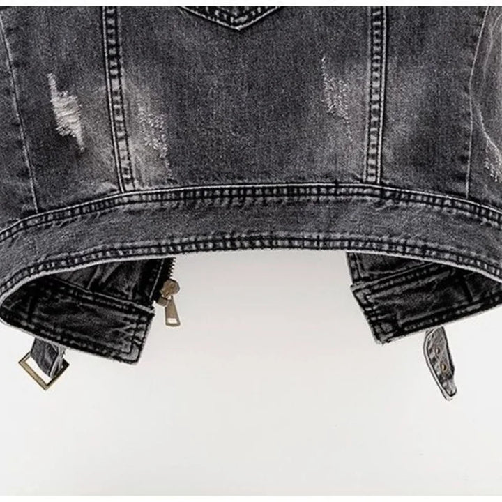 Blue distressed denim vest for men, featuring an asymmetric zip and moto style, great for rugged streetwear.