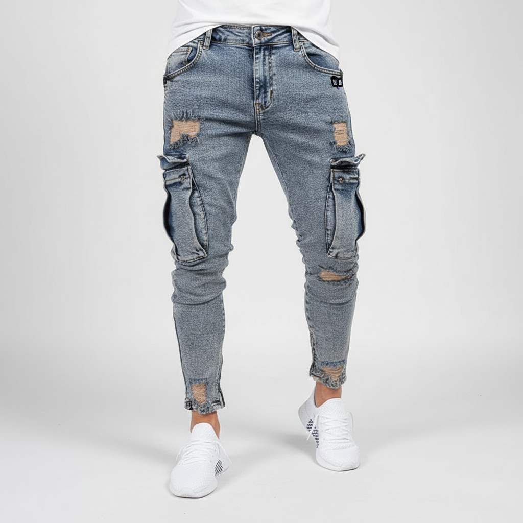 Casual streetwear men's distressed denim cargo pants with ripped details and multiple pockets.