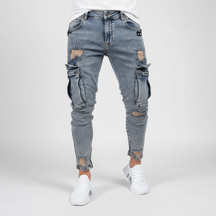 Casual streetwear men's distressed denim cargo pants with ripped details and multiple pockets.