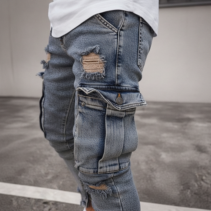 Nico distressed denim cargo trousers for men, ideal for casual wear, showcasing a relaxed fit.