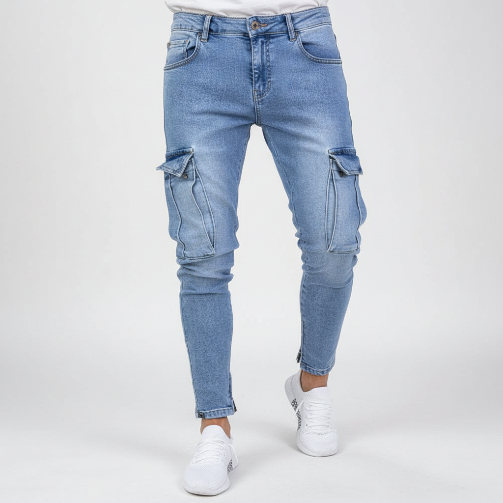 Men's comfort fit denim cargo pants with strategic distressing and large utility pockets.