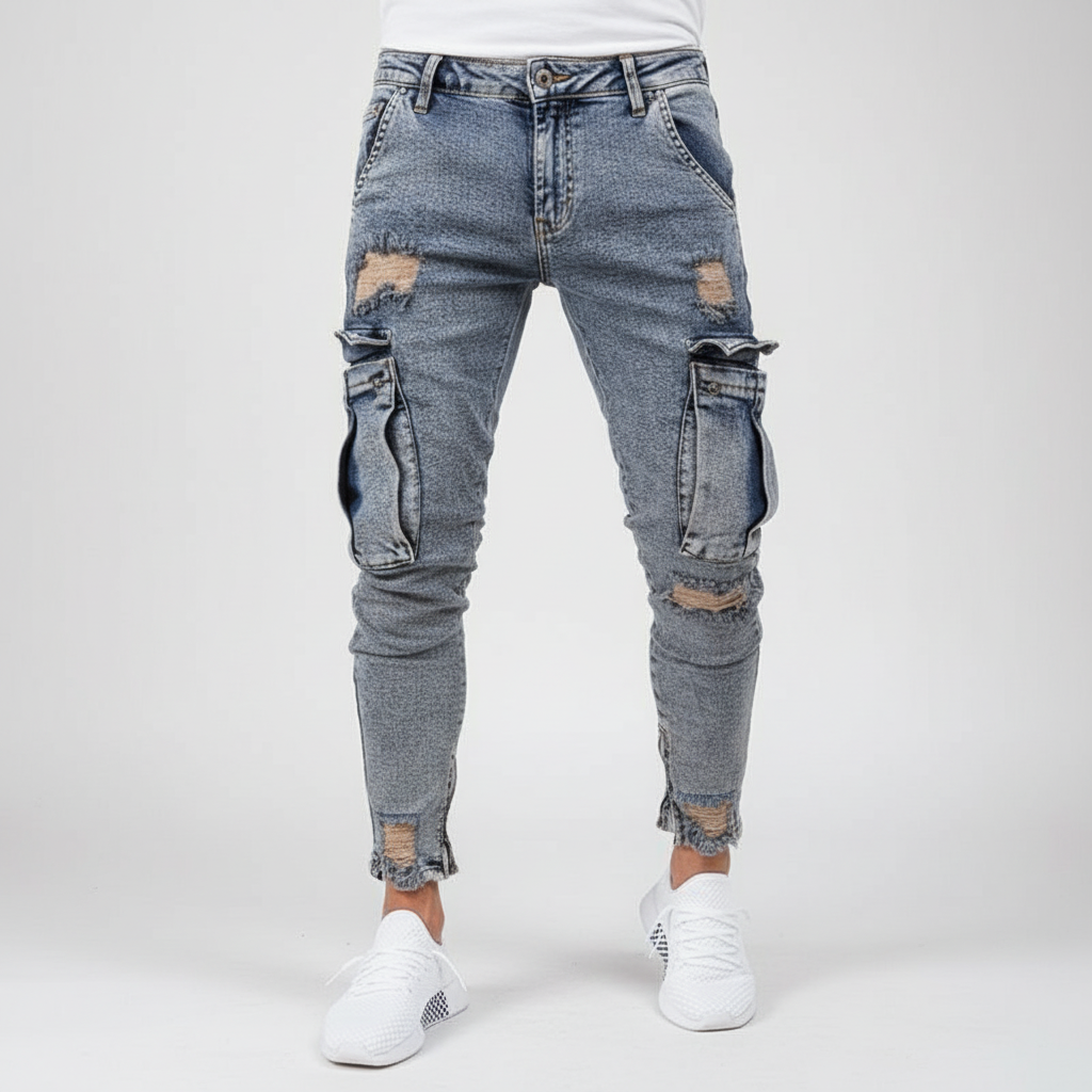 Dark wash men's denim cargo trousers, distressed style, perfect for rugged streetwear fashion.