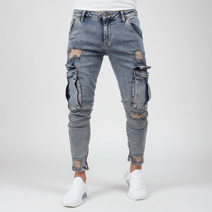 Dark wash men's denim cargo trousers, distressed style, perfect for rugged streetwear fashion.