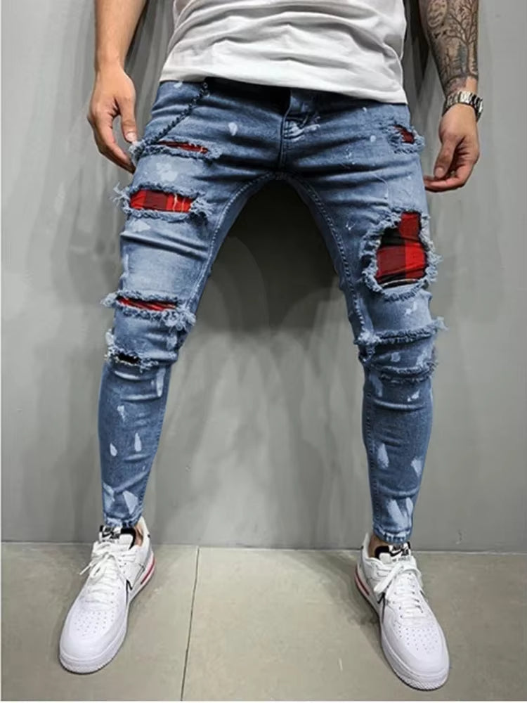 Blue men's ripped tapered jeans with distressed details, offering a comfortable stretch and trendy urban look.