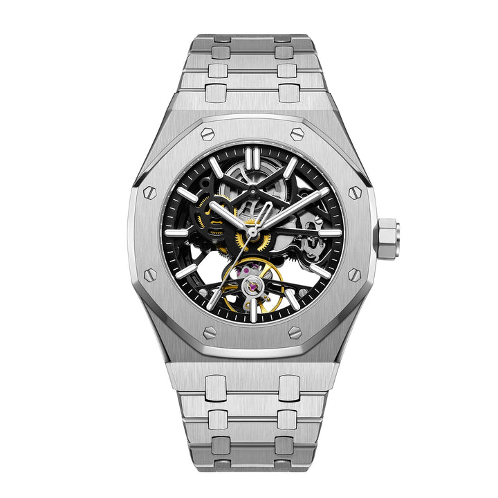 Close-up of the secure deployant clasp on Dominus men's stainless steel watch, a quality detail.