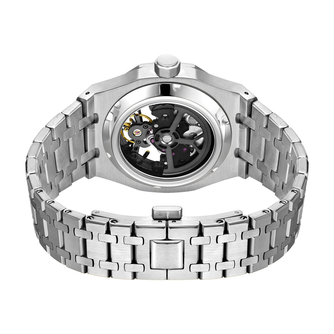 Polished and brushed stainless steel Dominus men's watch, durable, luxury everyday accessory.