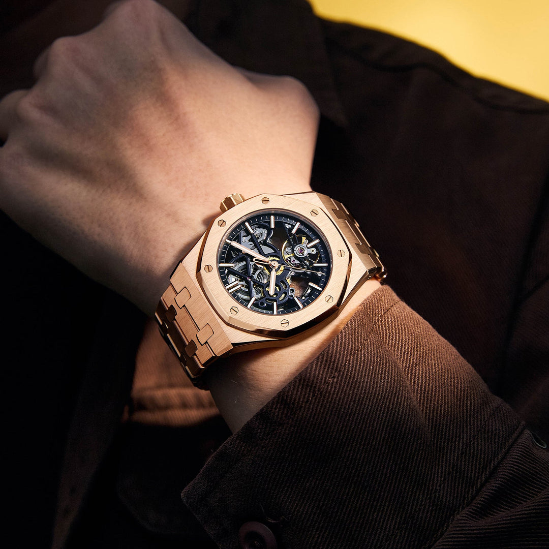 Side view of bold Dominus men's watch, highlighting its robust stainless steel casing and crown.