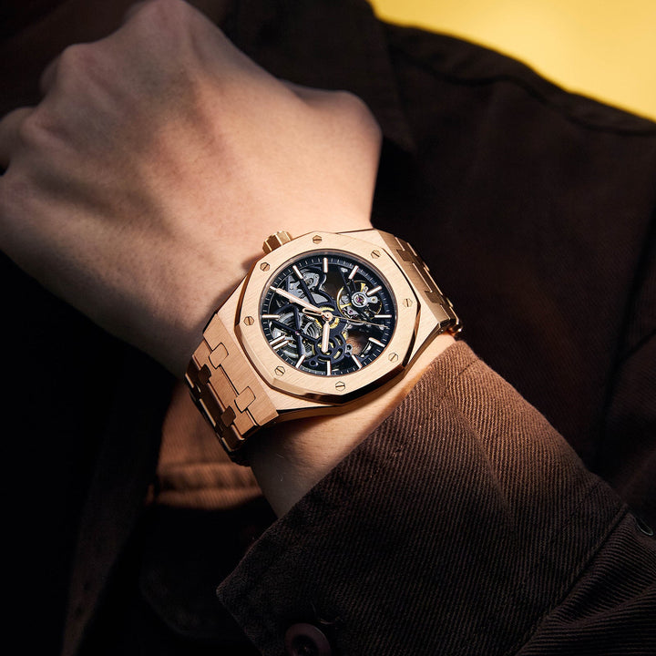 Side view of bold Dominus men's watch, highlighting its robust stainless steel casing and crown.