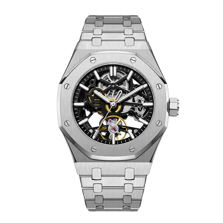 Rear view of Dominus men's stainless steel watch, revealing detailed case back engraving.