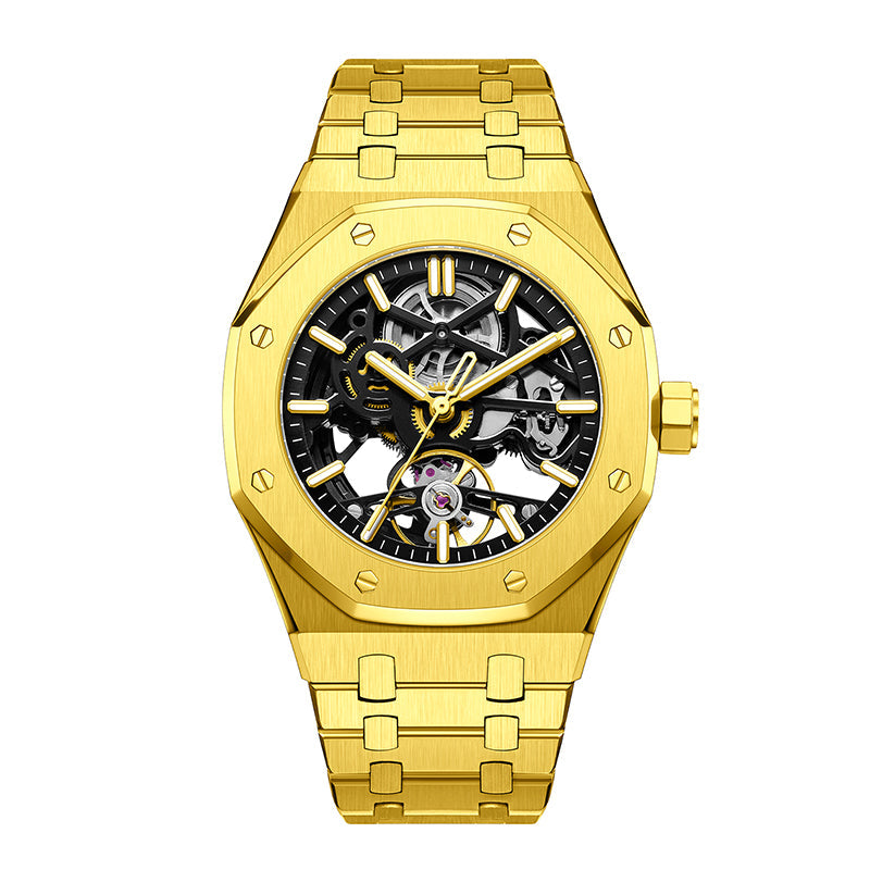 Dominus men's stainless steel watch paired with a suit, perfect for a modern, luxury look.