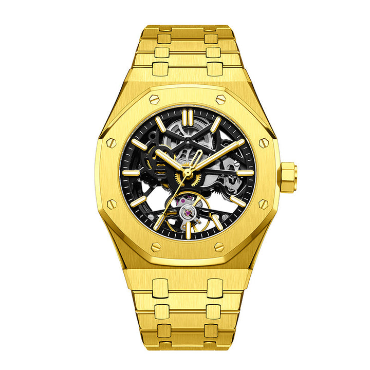 Dominus men's stainless steel watch paired with a suit, perfect for a modern, luxury look.