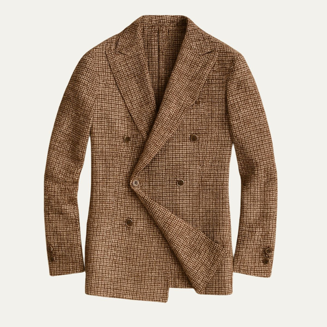 Men's double-breasted checked blazer. Stylish tailored jacket for smart casual or formal events. Modern gentleman.