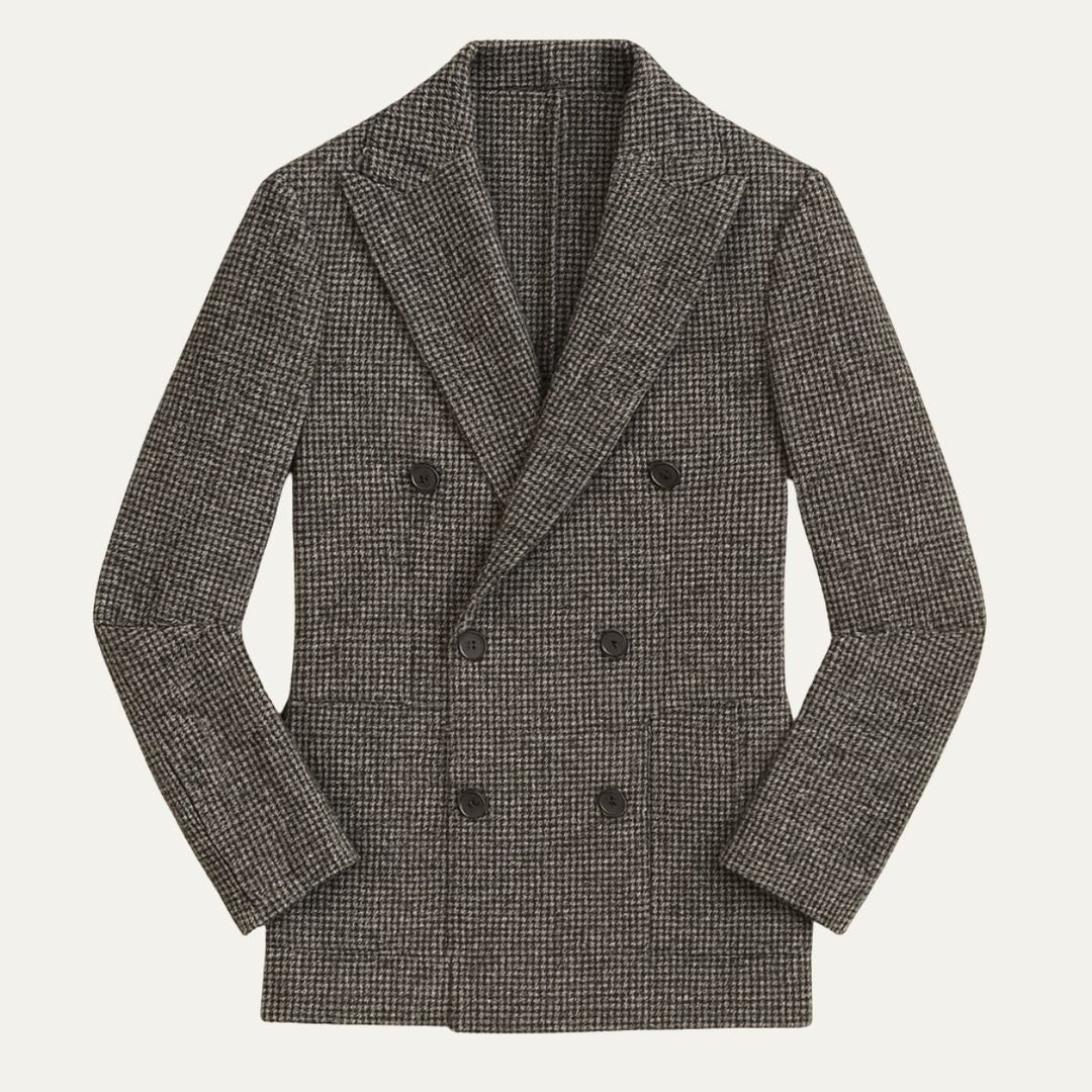 Stylish men's checked blazer, double-breasted design. Perfect tailored jacket for events & modern mens fashion.