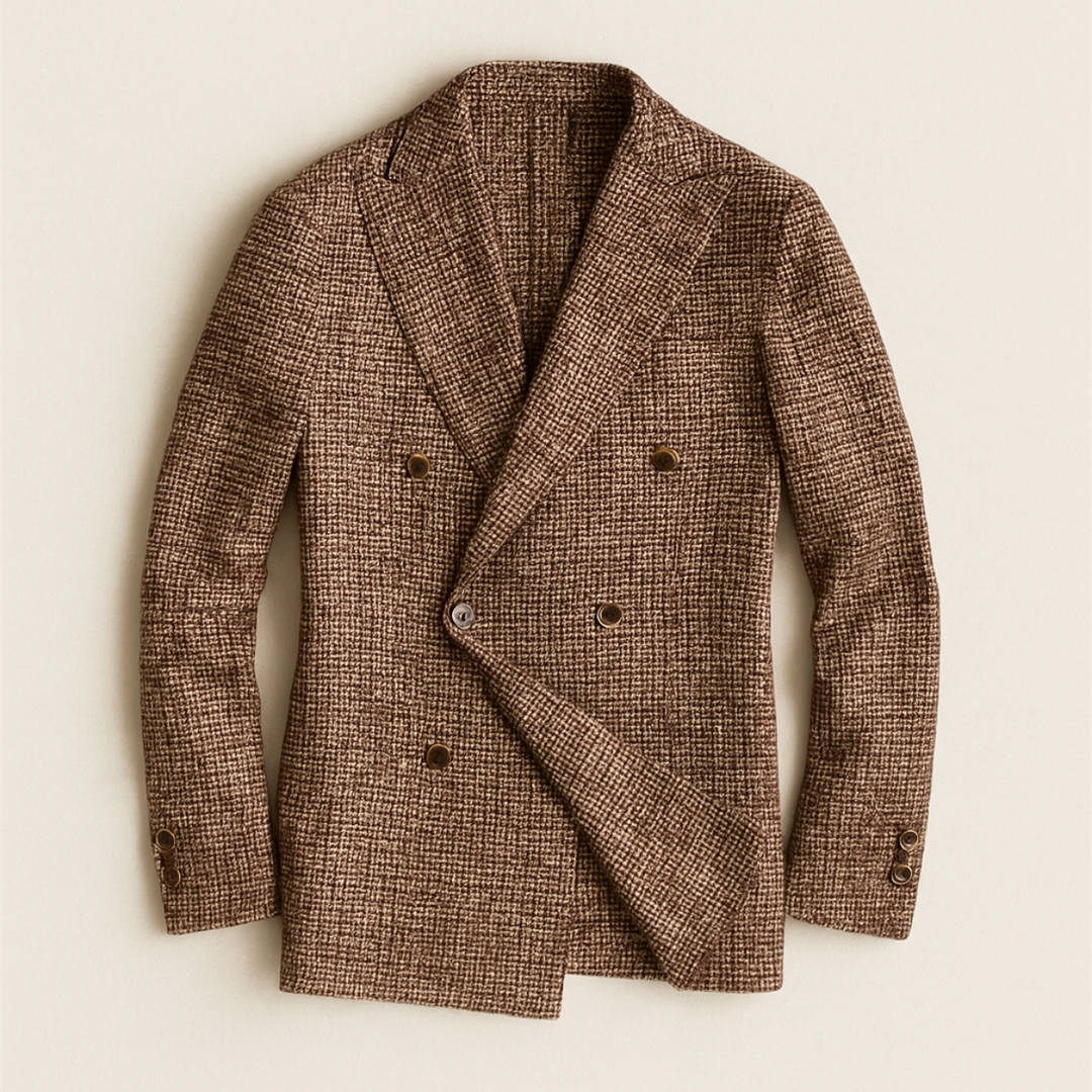 Versatile men's double-breasted checked blazer. Ideal for smart casual, formal wear & stylish event fashion.