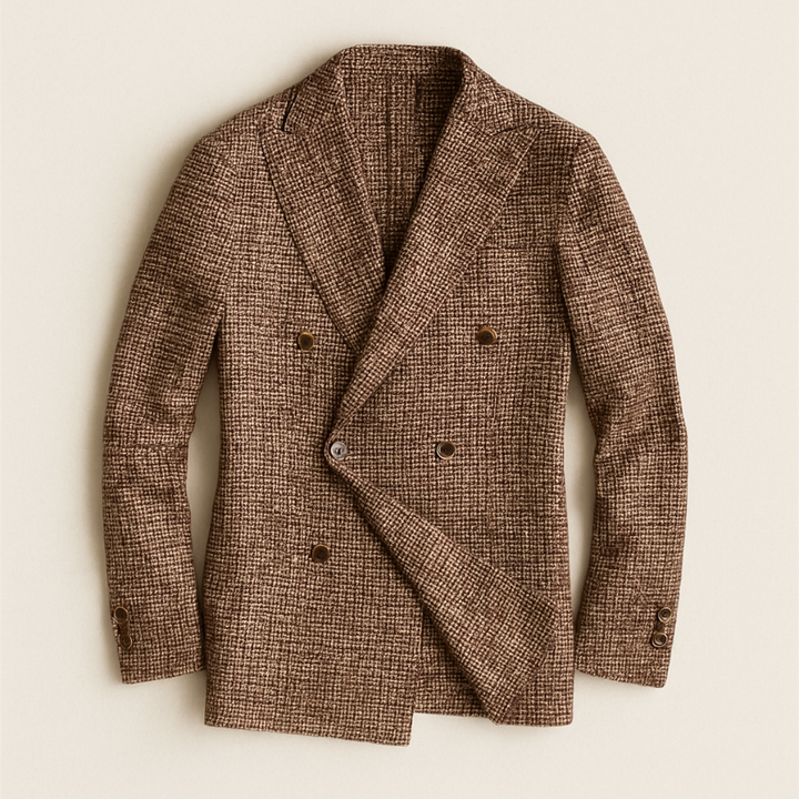 Versatile men's double-breasted checked blazer. Ideal for smart casual, formal wear & stylish event fashion.