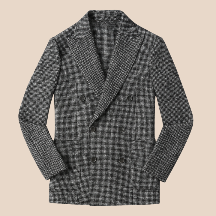 Tailored men's double-breasted checked blazer for a modern gentleman. Smart casual & formal event wear style.