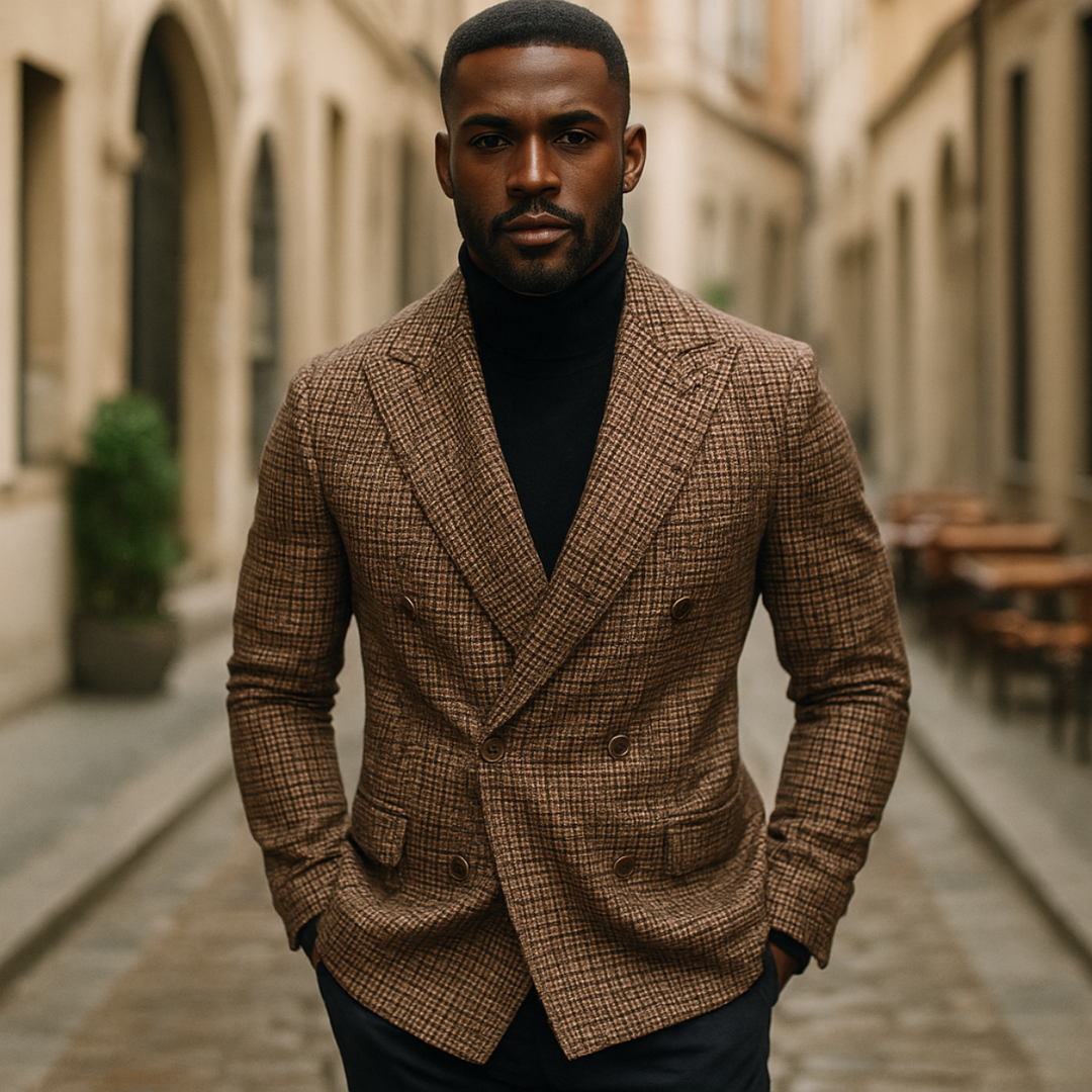 Fashionable men's double-breasted checked blazer, a smart casual or formal event jacket for a stylish man.