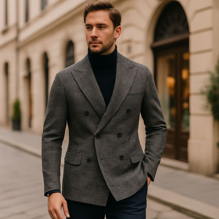 Elegant men's double-breasted checked blazer, perfect for stylish events, formal or smart casual attire.