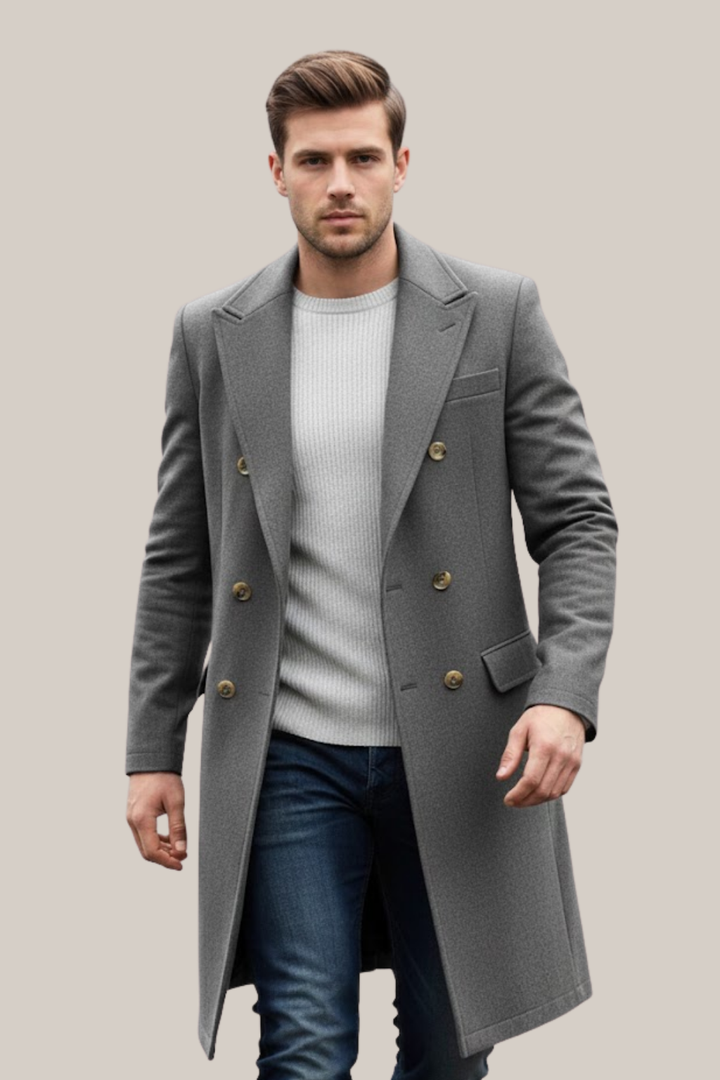 Men's double-breasted long trench coat with stylish lapel, perfect for formal or smart casual winter fashion.