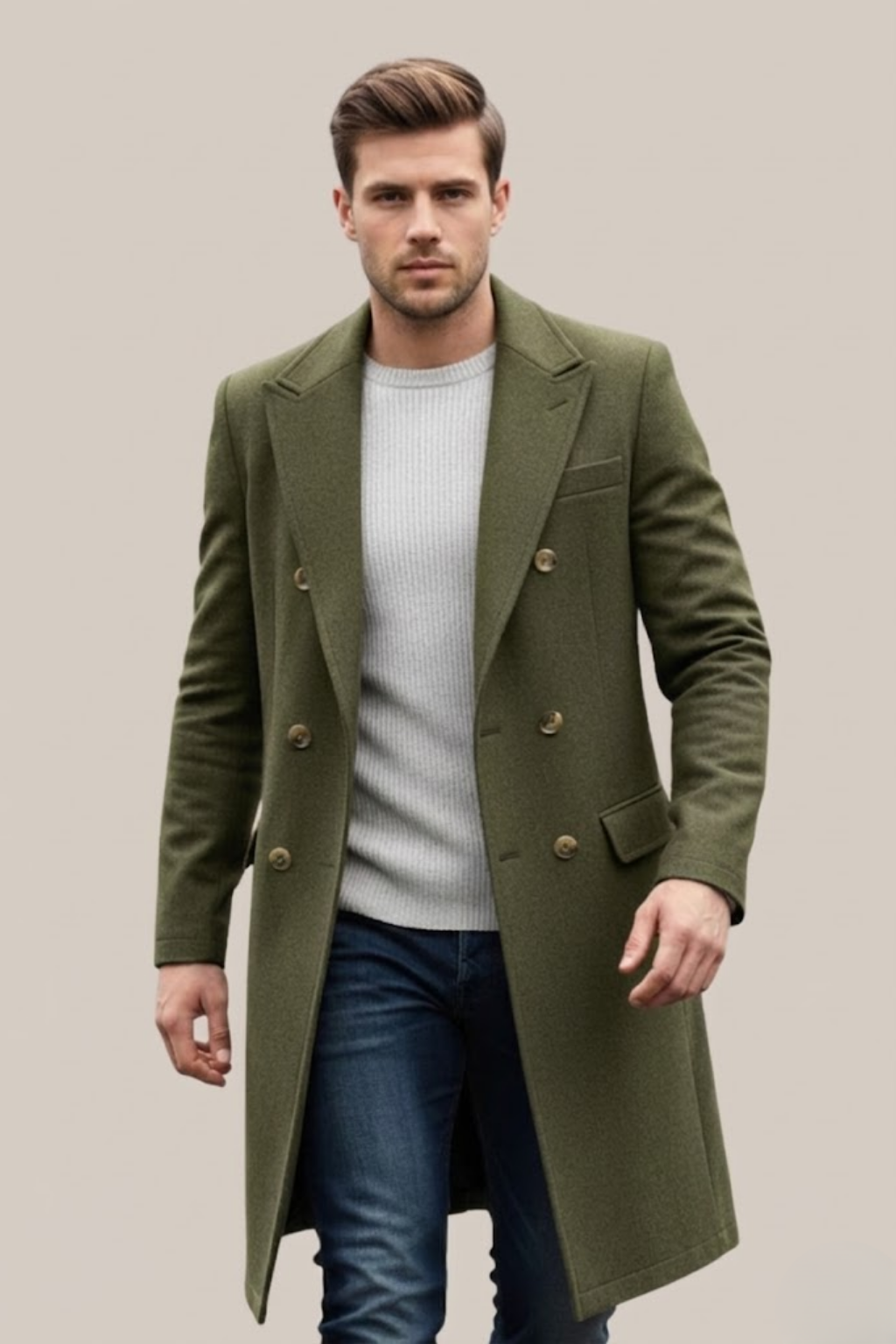 Elegant men's double-breasted overcoat, tailored for a classic style, ideal as formal or smart casual outerwear.