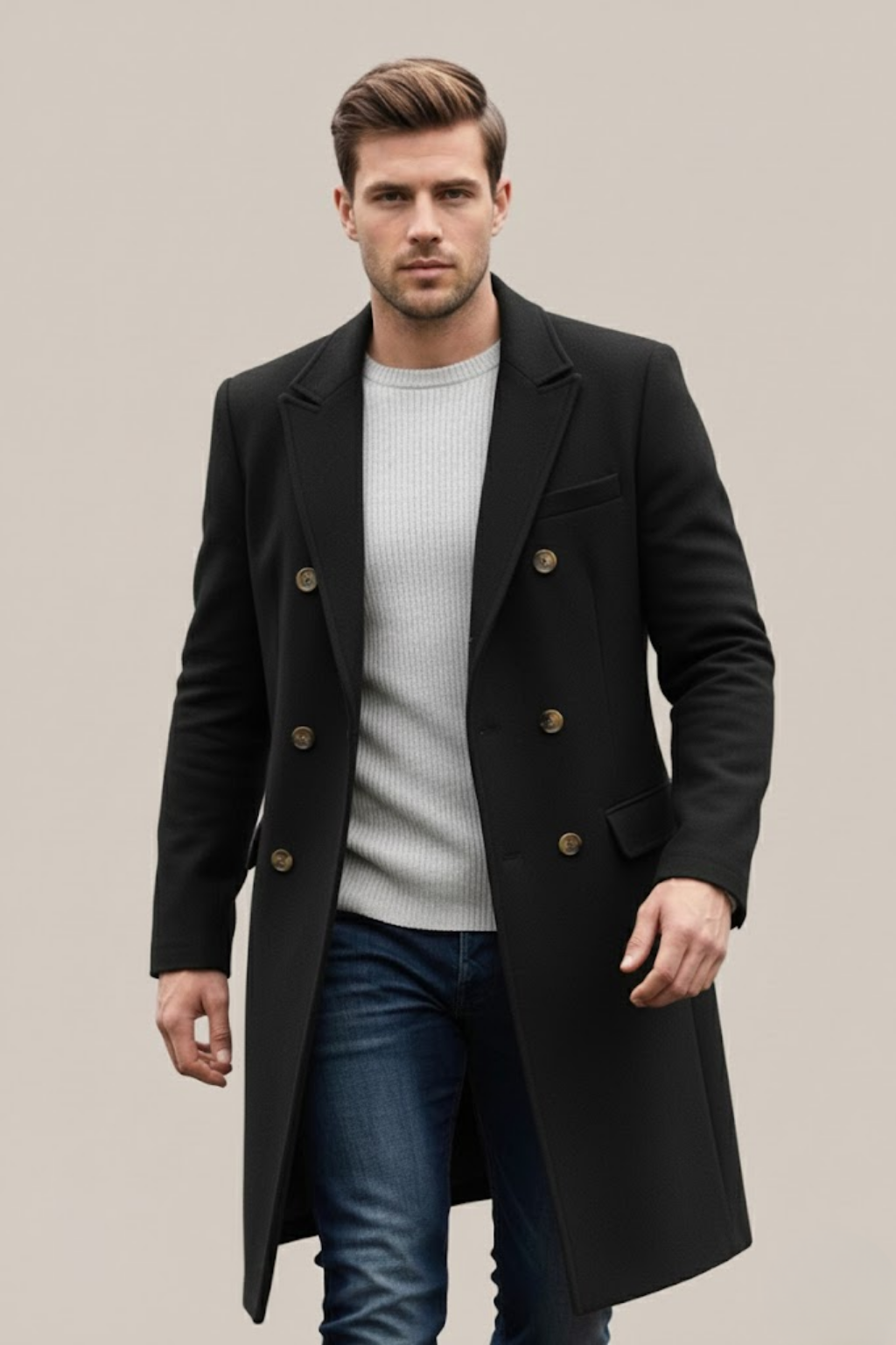 Stylish men's long trench coat, double-breasted design for winter fashion and a sophisticated tailored look.