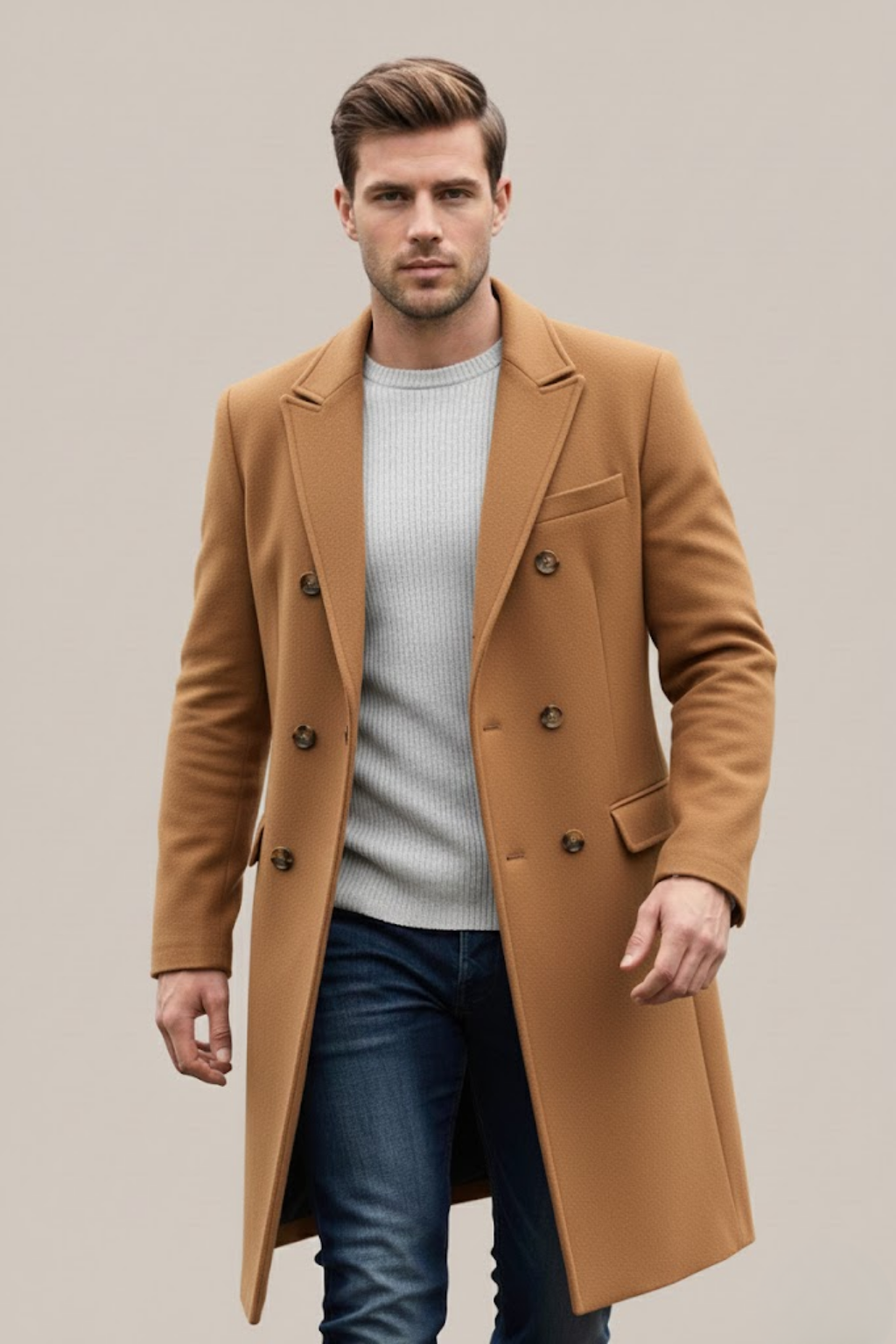 Classic men's tailored double-breasted overcoat with a refined lapel, elegant for men's formal winter wear.