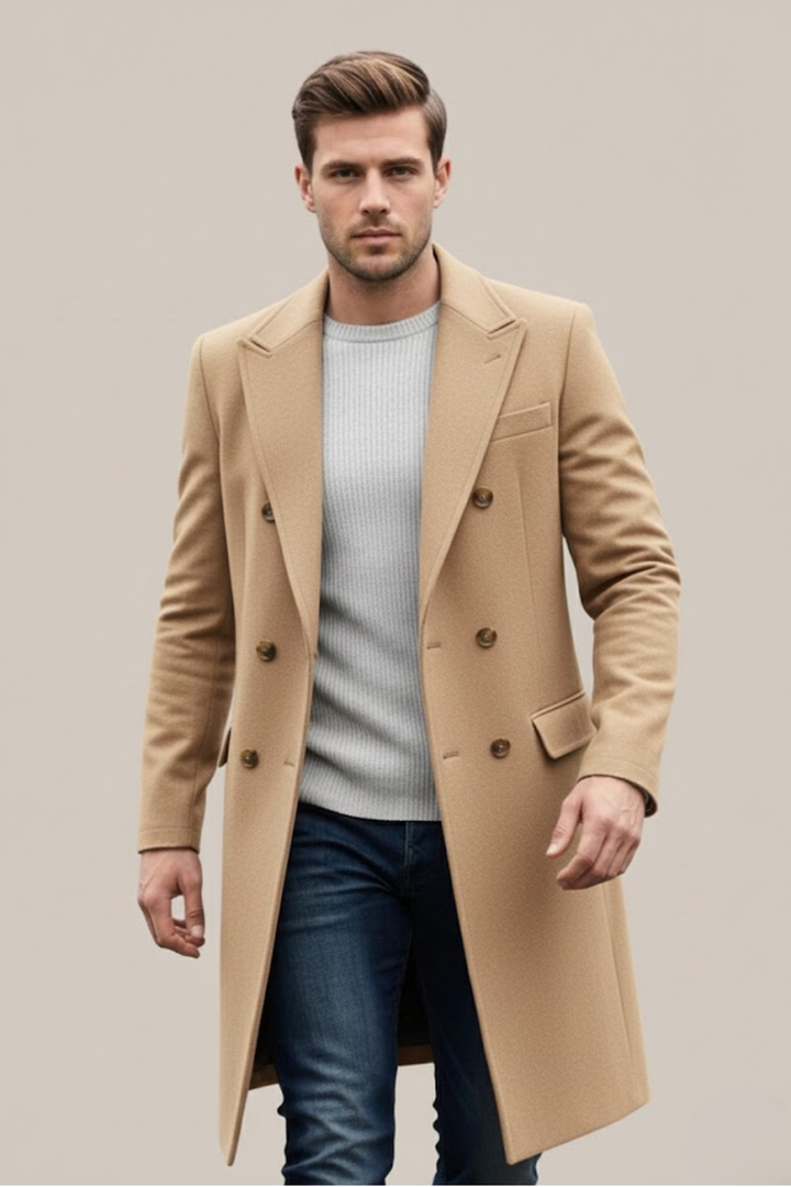 Sophisticated men's double-breasted long coat, a tailored trench coat with stylish lapels for smart winter fashion.