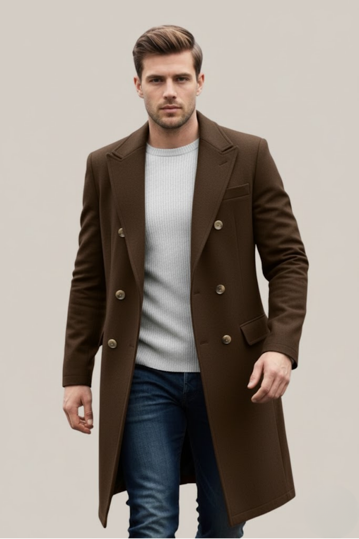 Men's classic double-breasted long trench coat, elegant formal outerwear featuring a stylish lapel for winter.