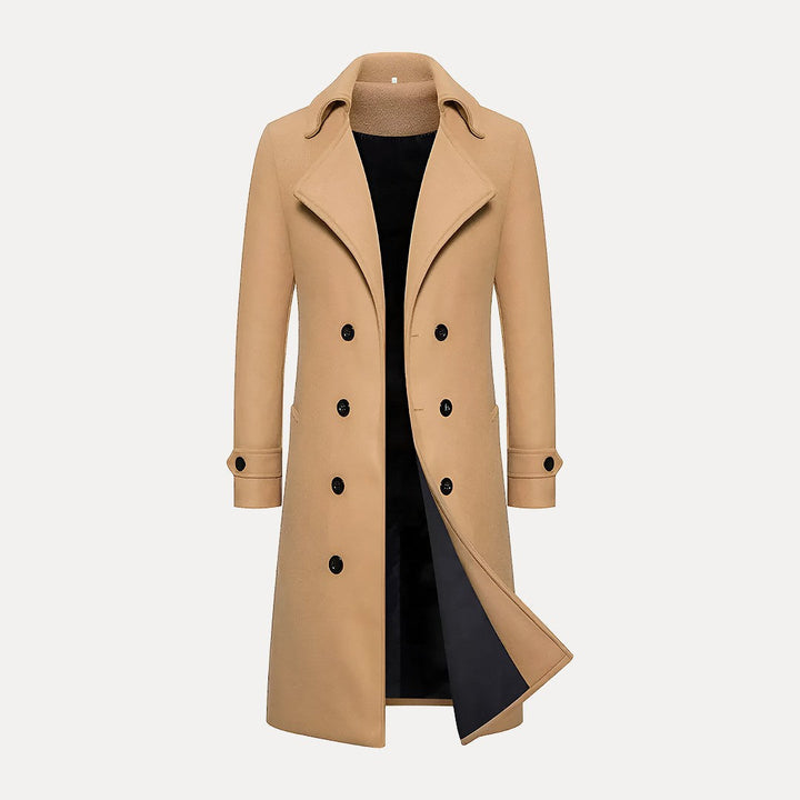 Men's double-breasted long winter overcoat in tailored fit. Elegant formal outerwear for cold weather.