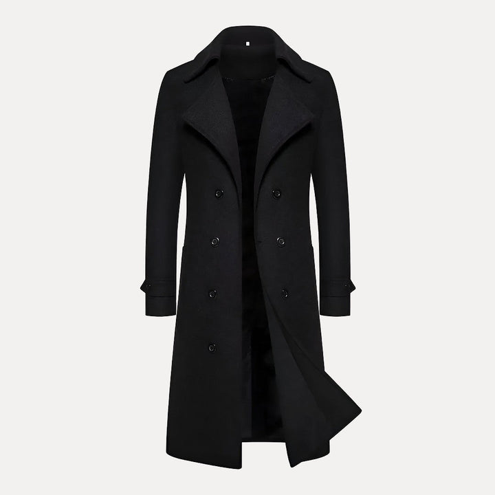 Tailored men's long winter overcoat with peak lapel, double-breasted design. Elegant outerwear fashion.