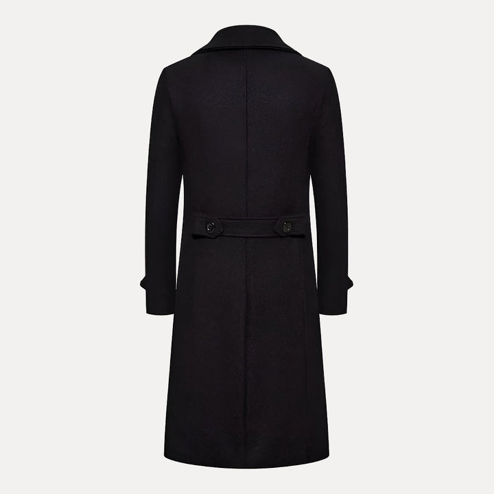 Warm men's long winter overcoat, double-breasted style. Essential outerwear for cold weather and elegant looks.