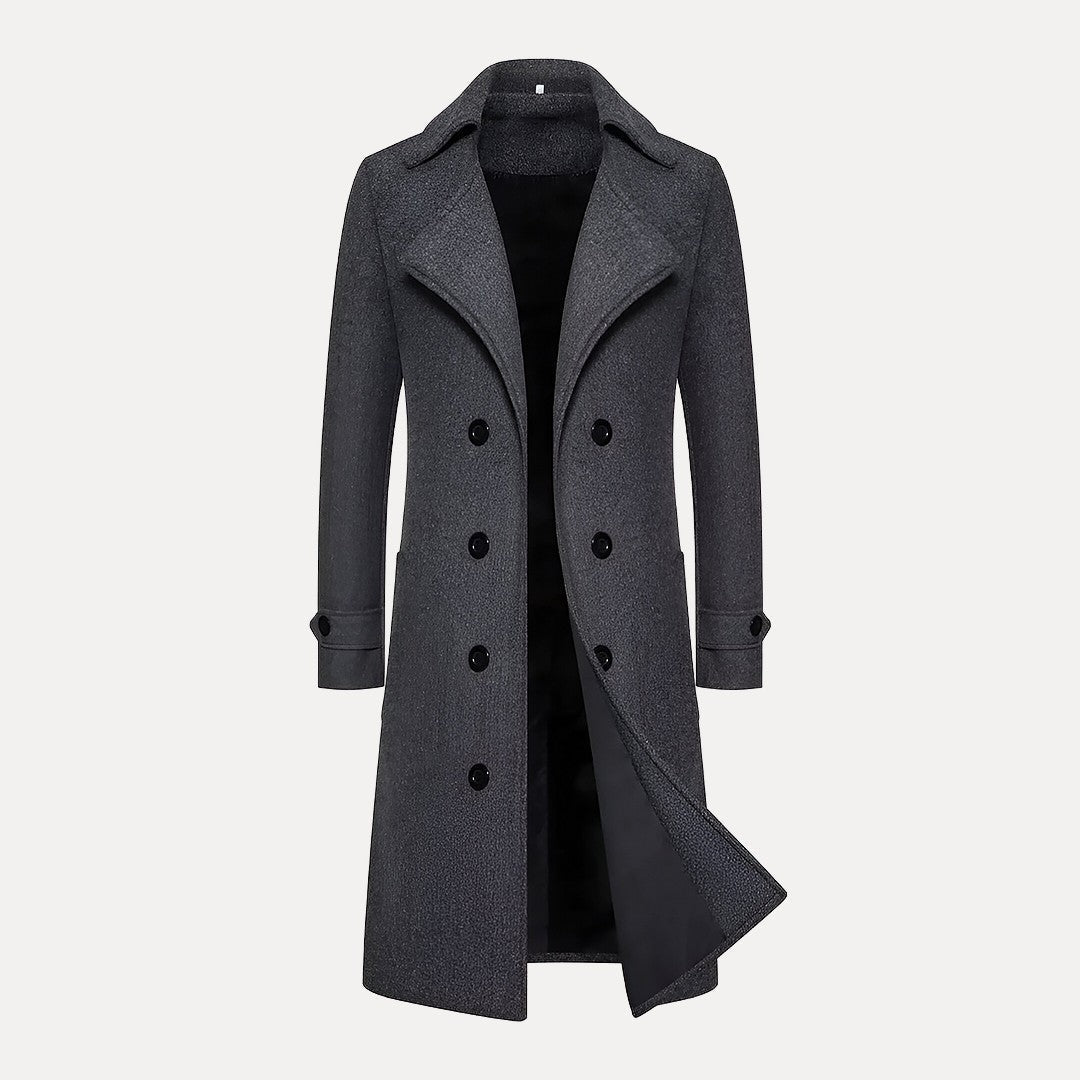 Fashionable men's double-breasted long overcoat. A stylish and elegant trench coat for winter outerwear.