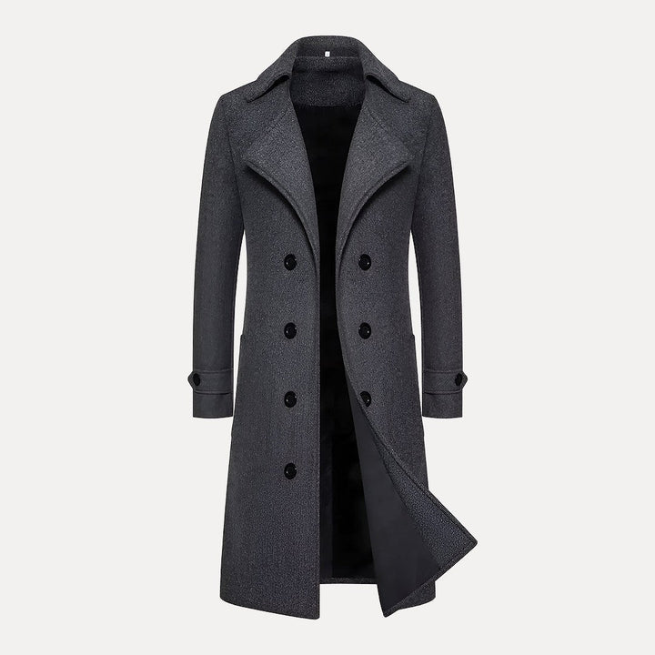 Fashionable men's double-breasted long overcoat. A stylish and elegant trench coat for winter outerwear.