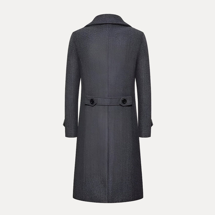 Classic double-breasted men's long trench coat. Tailored winter overcoat for sophisticated formal and smart casual wear.