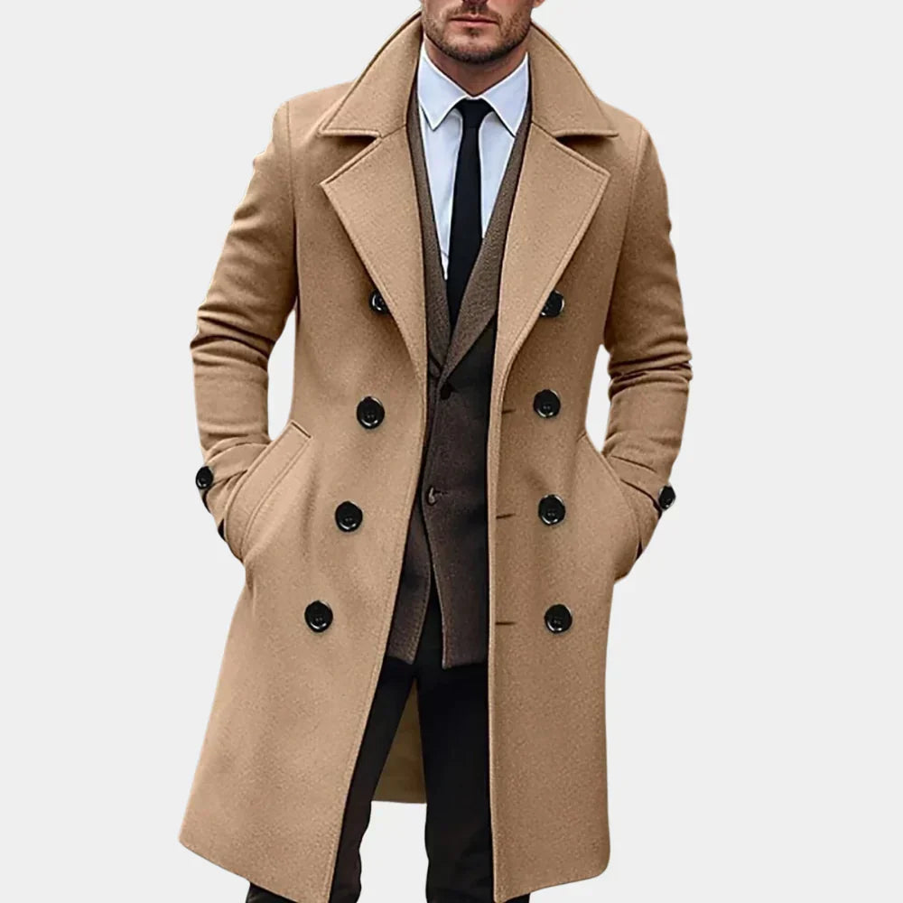 Stylish men's double-breasted trench coat. Modern tailored outerwear for versatile formal and casual fashion.