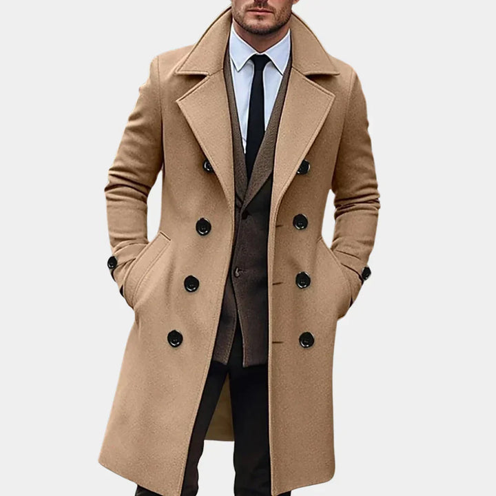 Stylish men's double-breasted trench coat. Modern tailored outerwear for versatile formal and casual fashion.